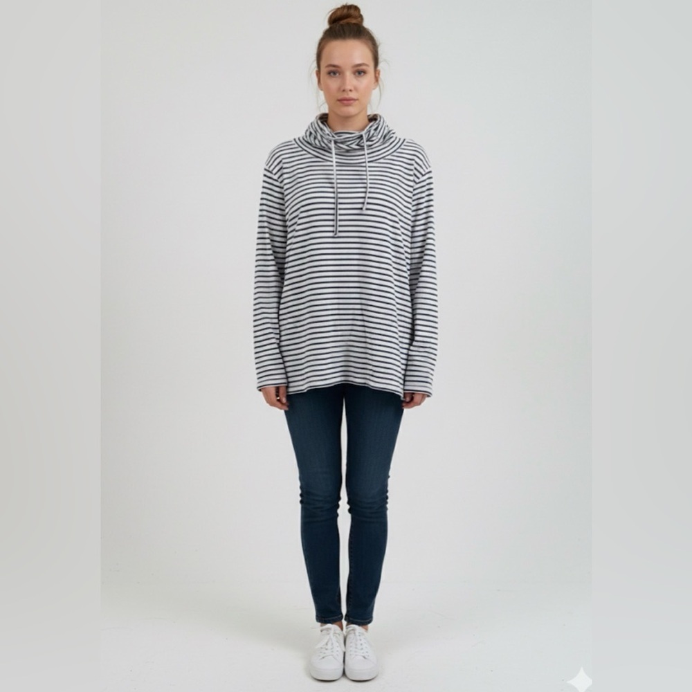 Toad & Co Size L Cowl Neck Long-Sleeved Top in white and blue